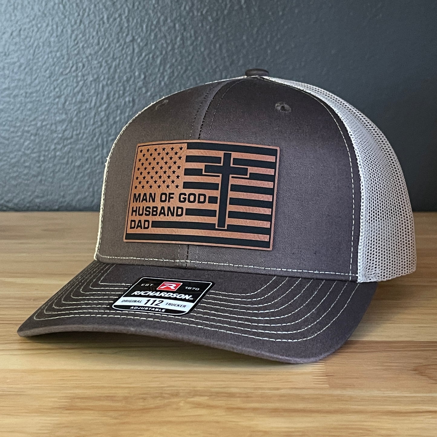 American Flag Man Of God Cross Christian SnapBack Trucker Hat Leather Patch