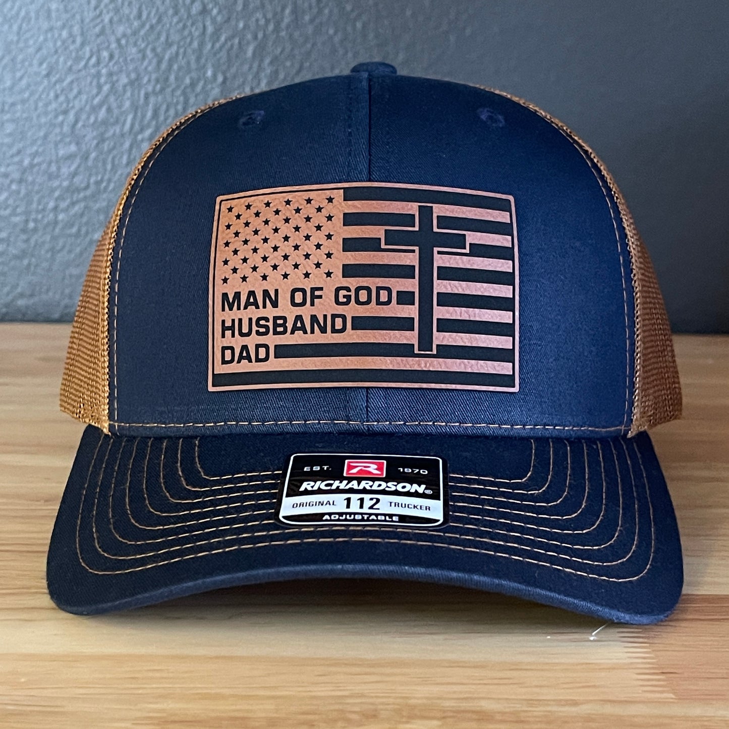 American Flag Man Of God Cross Christian SnapBack Trucker Hat Leather Patch