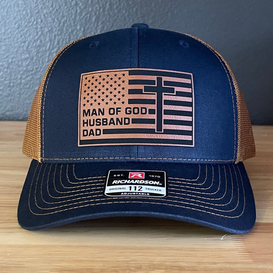 American Flag Man Of God Cross Christian SnapBack Trucker Hat Leather Patch