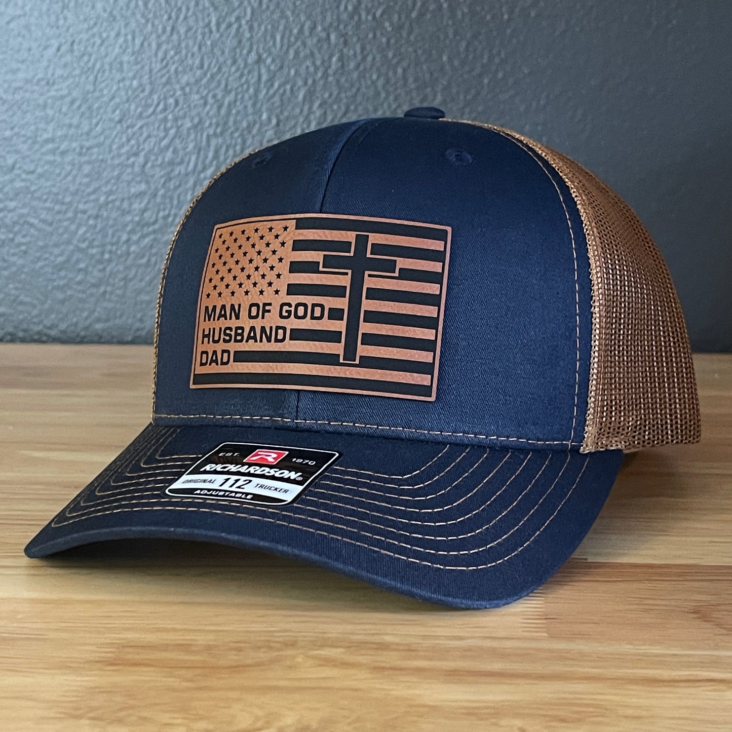 American Flag Man Of God Cross Christian SnapBack Trucker Hat Leather Patch