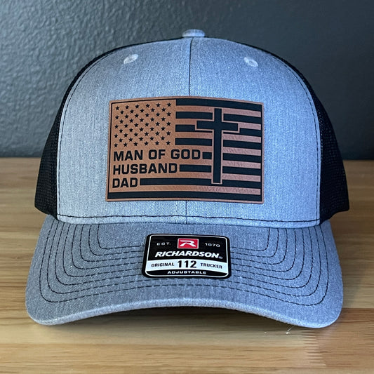American Flag Man Of God Cross Christian SnapBack Trucker Hat Leather Patch
