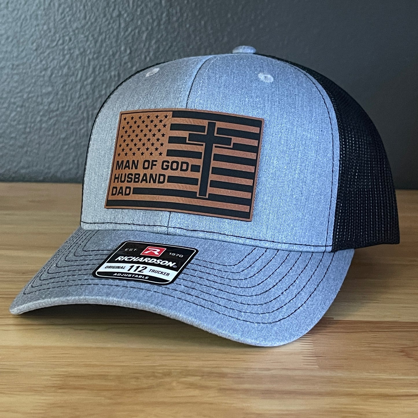 American Flag Man Of God Cross Christian SnapBack Trucker Hat Leather Patch
