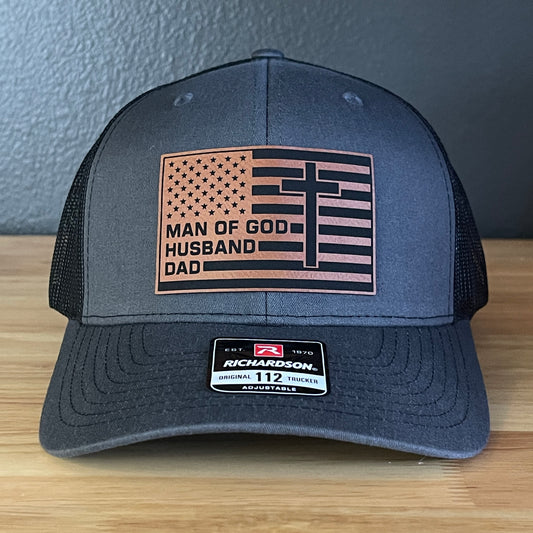 American Flag Man Of God Cross Christian SnapBack Trucker Hat Leather Patch