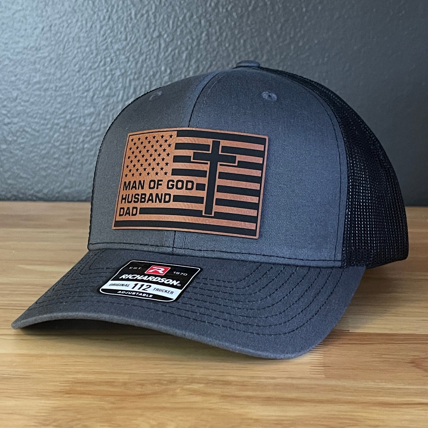 American Flag Man Of God Cross Christian SnapBack Trucker Hat Leather Patch