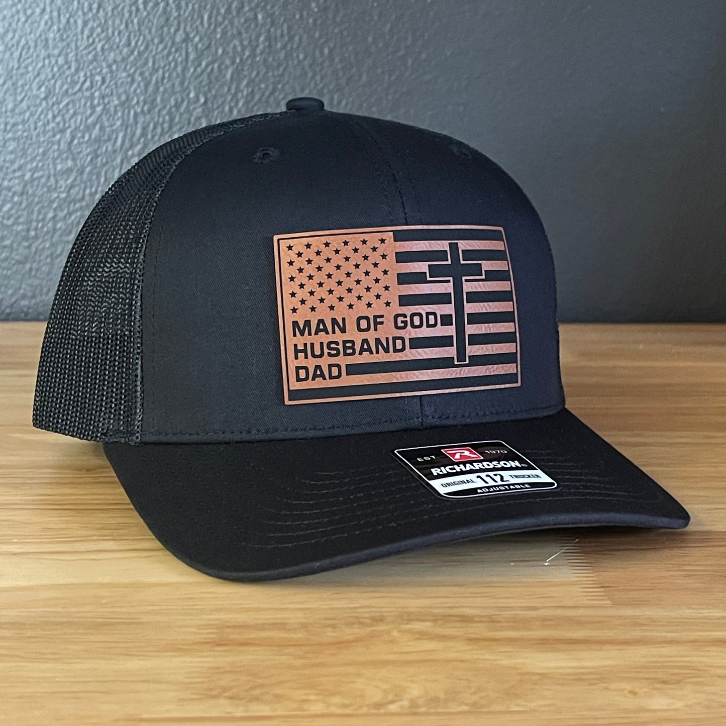 American Flag Man Of God Cross Christian SnapBack Trucker Hat Leather Patch