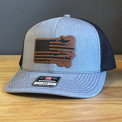 Duck Hunting and Fishing American Flag Leather Patch Hat