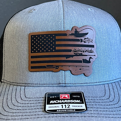Duck Hunting and Fishing American Flag Leather Patch Hat