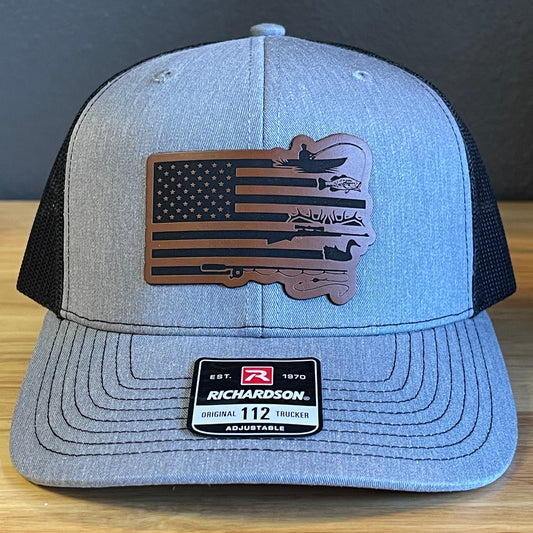 Duck Hunting and Fishing American Flag Leather Patch Hat