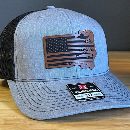Duck Hunting and Fishing American Flag Leather Patch Hat