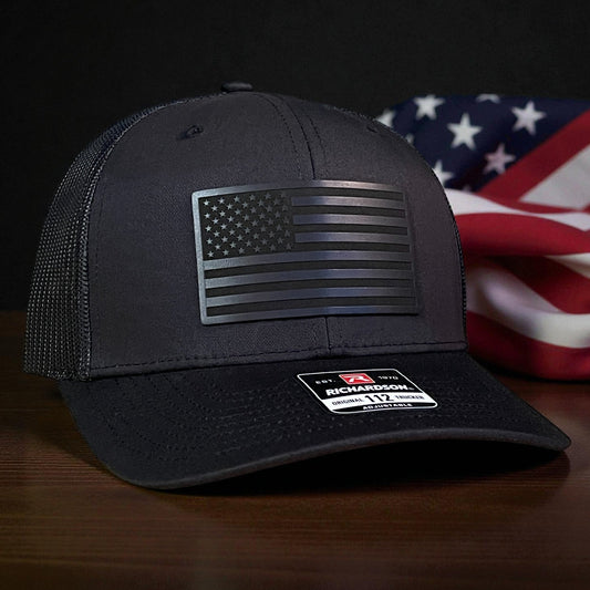 BLACK ON BLACK AMERICAN FLAG Patriotic Leather Patch Hat Black