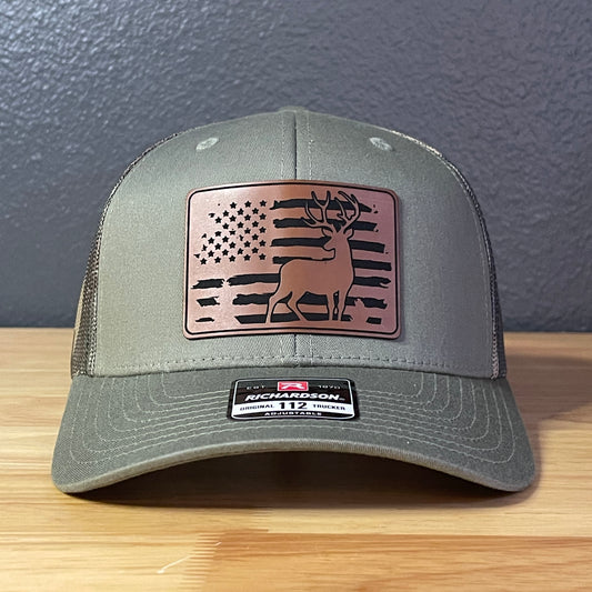 Fishing Duck Hunting American Flag Patriotic Leather Patch Hat Green/Camo