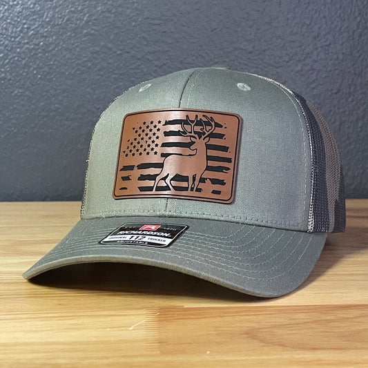 Fishing Duck Hunting American Flag Patriotic Leather Patch Hat Green/Camo