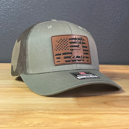 Fishing Duck Hunting American Flag Patriotic Leather Patch Hat Green/Camo