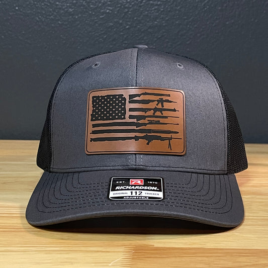 2ND AMENDMENT AMERICAN FLAG Patriotic Leather Patch Hat Charcoal/Black