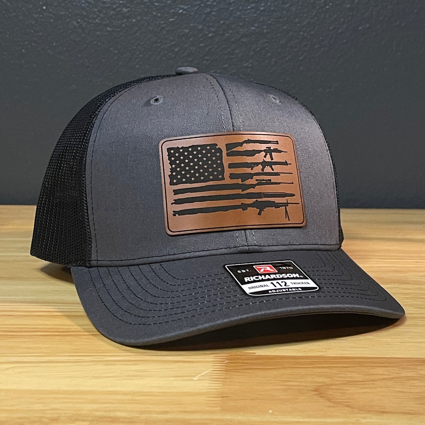 2ND AMENDMENT AMERICAN FLAG Patriotic Leather Patch Hat Charcoal/Black