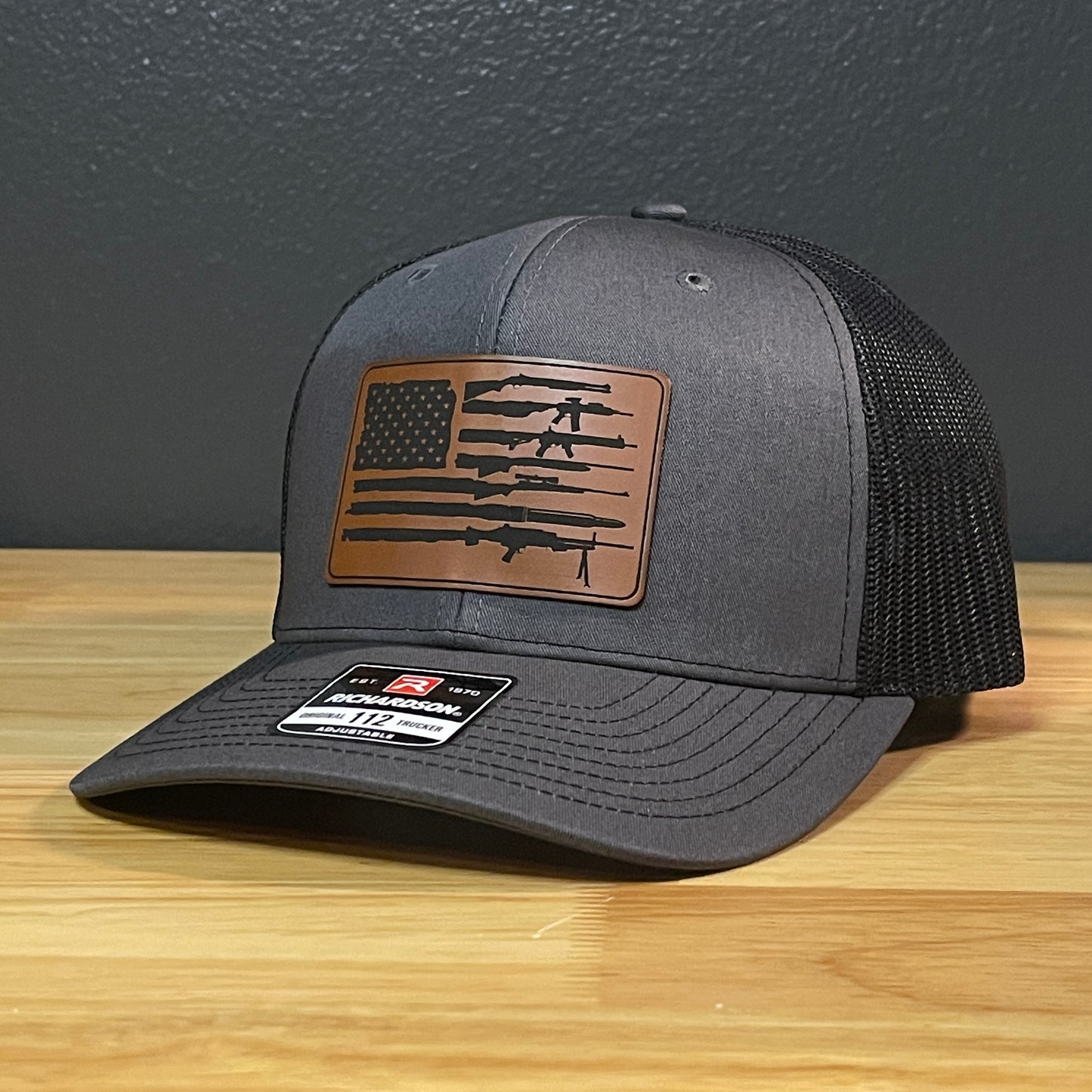 2ND AMENDMENT AMERICAN FLAG Patriotic Leather Patch Hat Charcoal/Black
