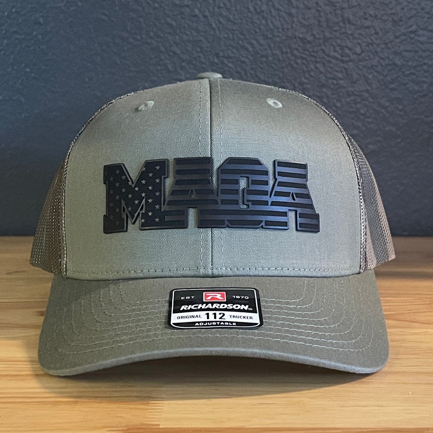 Black MAGA American Flag Patriotic Leather Patch SnapBack Trucker Hat Green/Camo