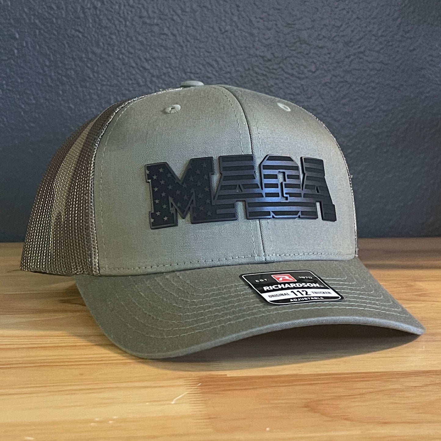 Black MAGA American Flag Patriotic Leather Patch SnapBack Trucker Hat Green/Camo