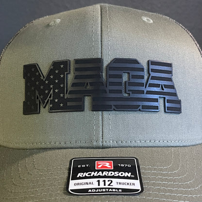 Black MAGA American Flag Patriotic Leather Patch SnapBack Trucker Hat Green/Camo