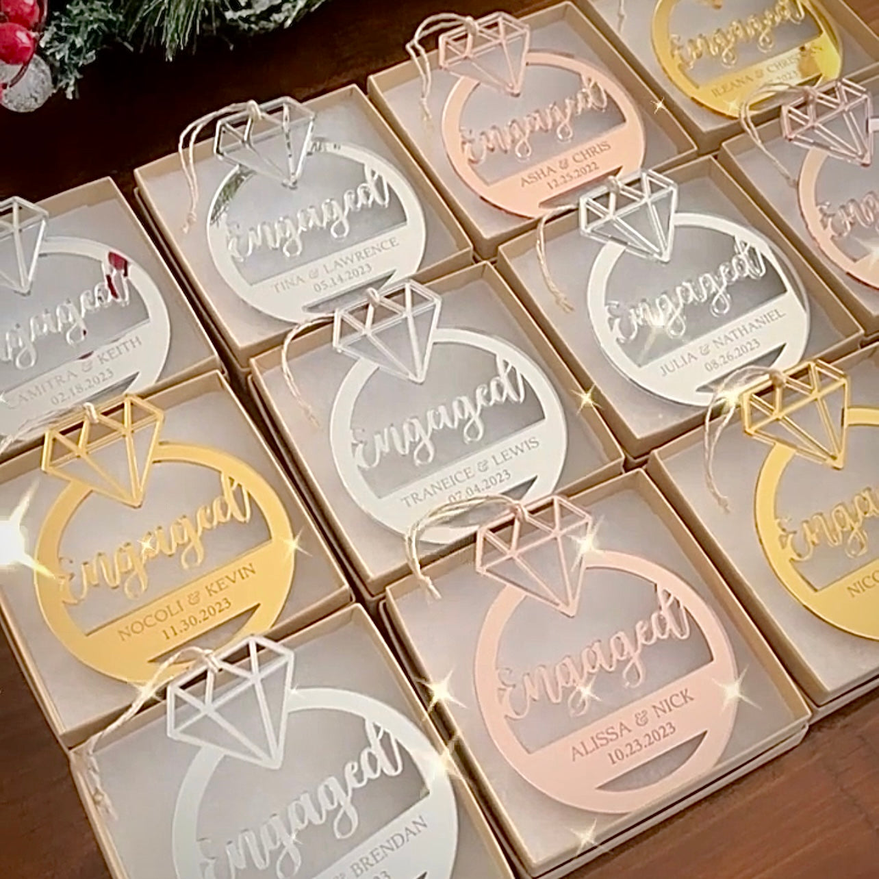 [ALMOST SOLD OUT] First Christmas Engaged Personalized Ring Ornament - VividEditions