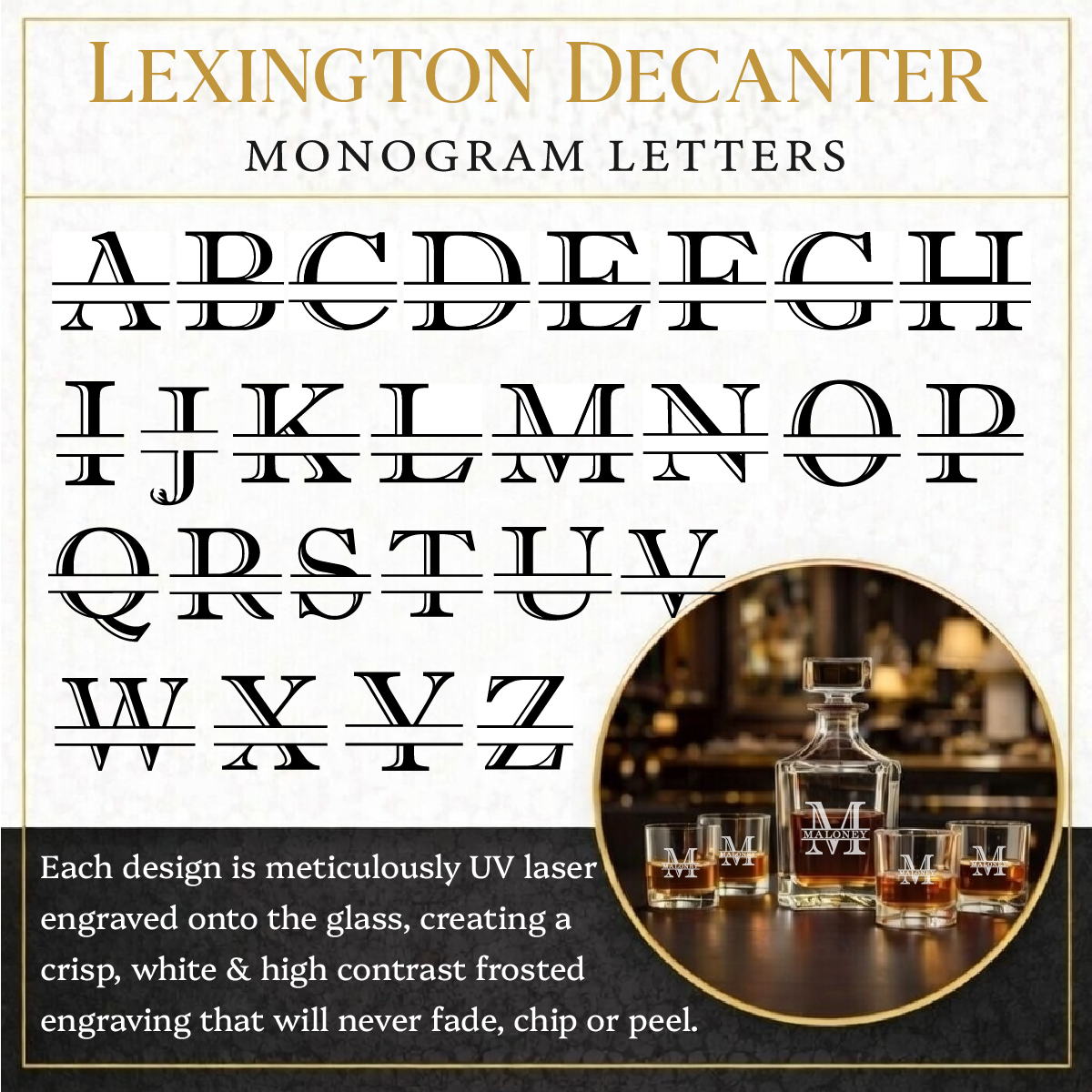 Personalized Etched Whiskey Decanter Set with 4 Rocks Glasses