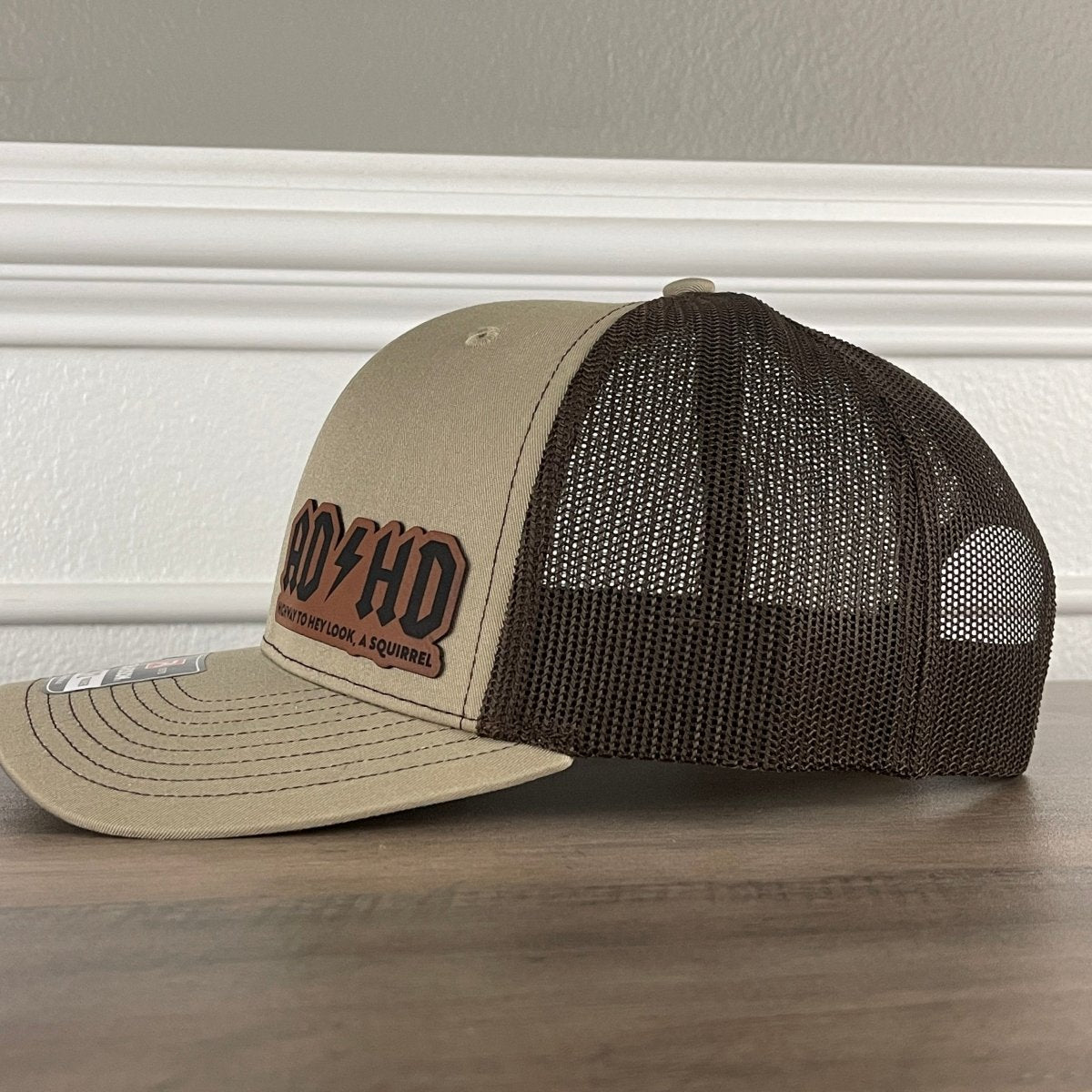 ADHD Highway To Hey Look, A Squirrel Funny Leather Patch Hat Khaki/Brown Patch Hat - VividEditions
