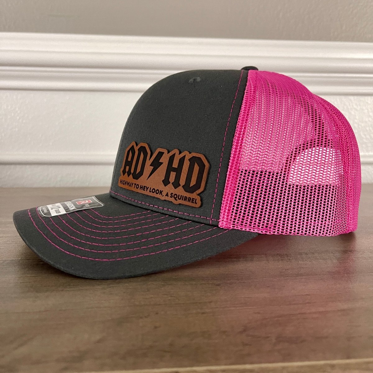 ADHD Highway To Hey Look, A Squirrel Funny Leather Patch Hat Pink Patch Hat - VividEditions