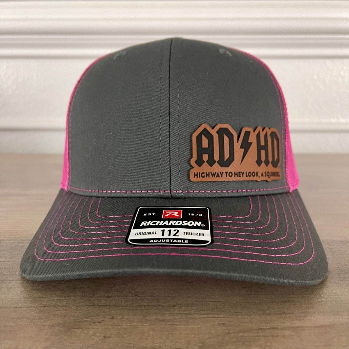 ADHD Highway To Hey Look, A Squirrel Funny Leather Patch Hat Pink Patch Hat - VividEditions