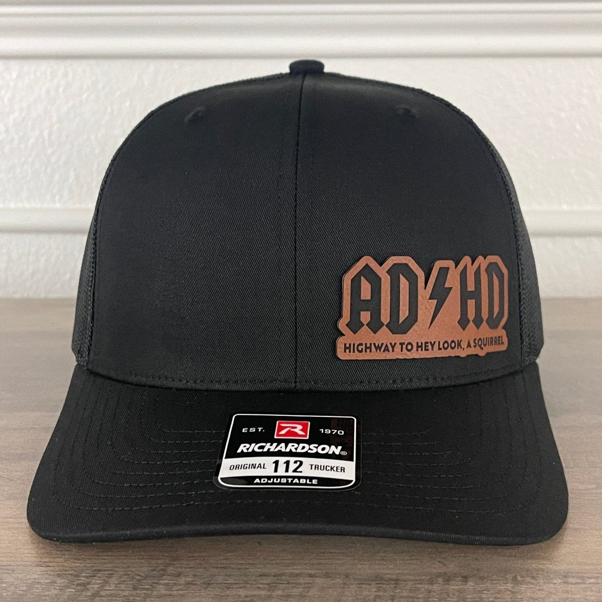 ADHD Highway to Hey Look, A Squirrel Side Leather Patch Hat Black ...