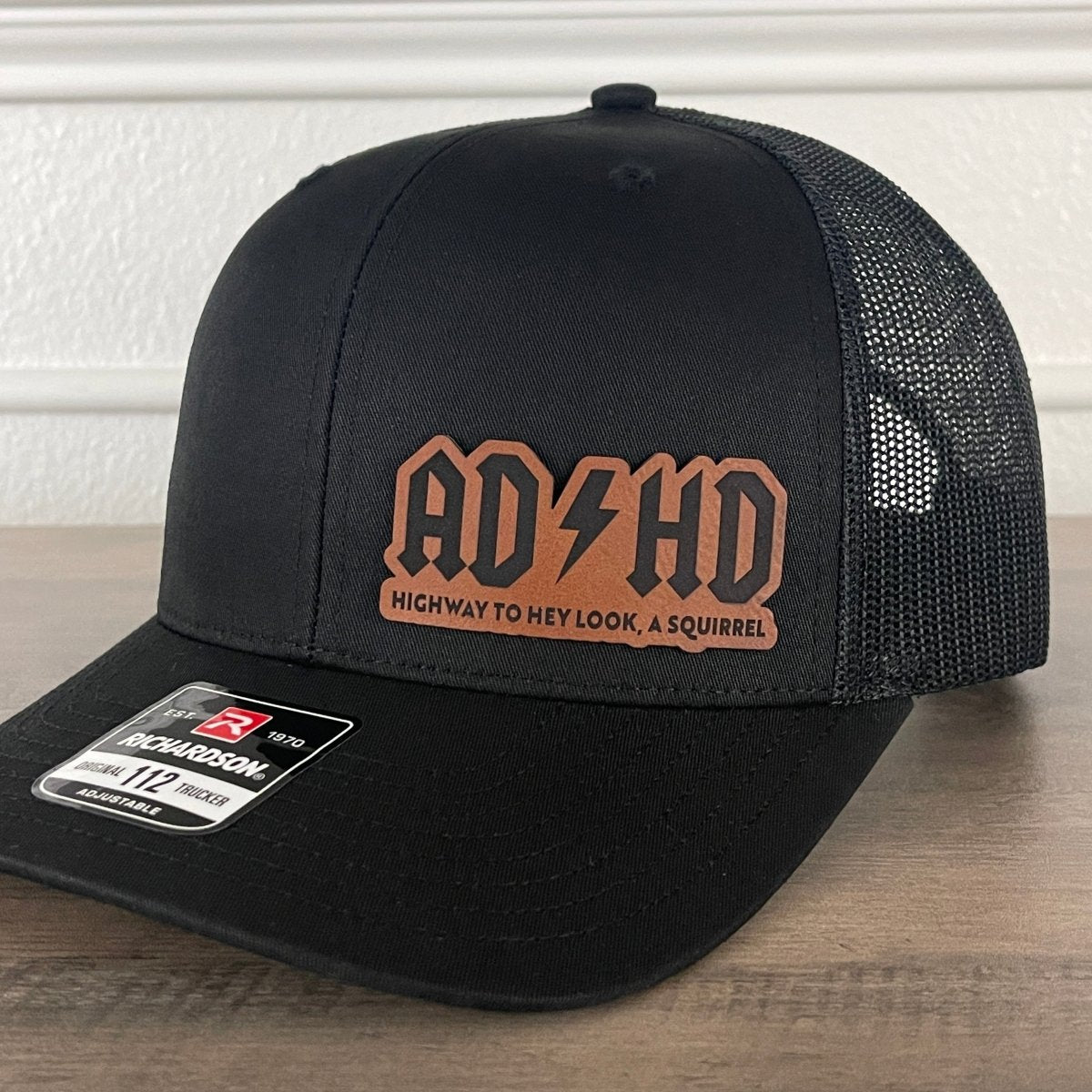 ADHD Highway to Hey Look, A Squirrel Side Leather Patch Hat Black ...