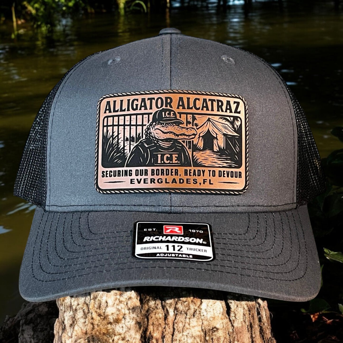 Alligator Alcatraz Swamp ICE Funny Leather Patch SnapBack Trucker Hat