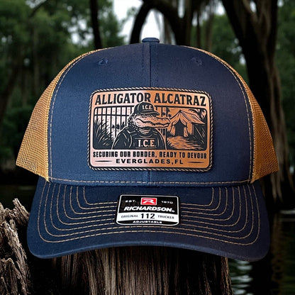 Alligator Alcatraz Swamp ICE Funny Leather Patch SnapBack Trucker Hat Patch Hat