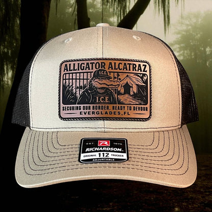 Alligator Alcatraz Swamp ICE Funny Leather Patch SnapBack Trucker Hat Patch Hat