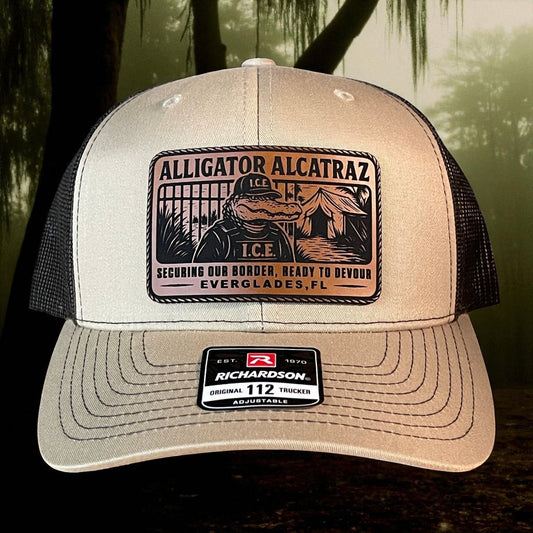 Alligator Alcatraz Swamp ICE Funny Leather Patch SnapBack Trucker Hat Patch Hat
