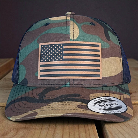 American Flag Patriotic SnapBack Trucker Patch Hat Camo/Black
