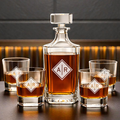 Personalized Engraved Monogram Whiskey Decanter Set with 4 Rocks Glasses