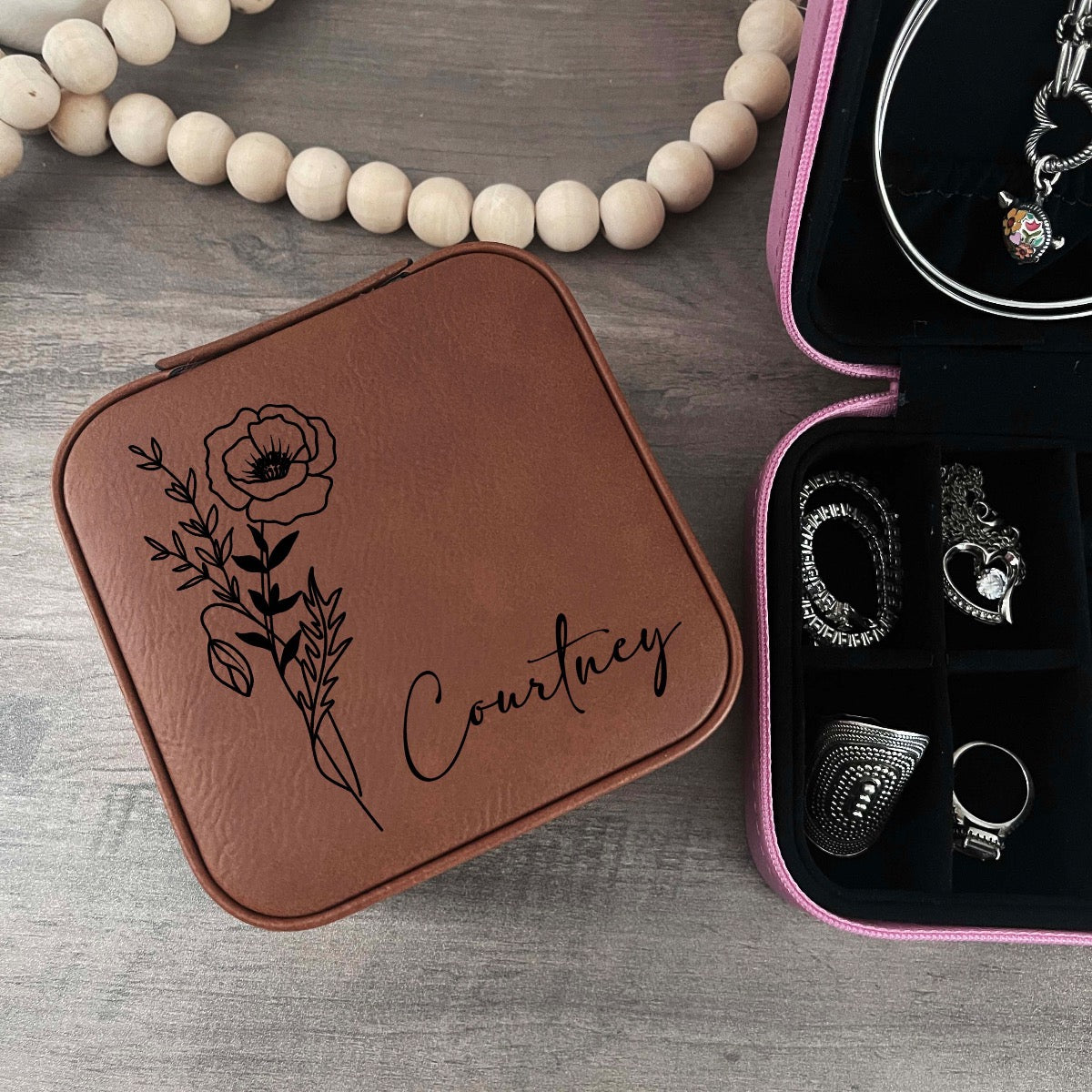 Personalized Travel Jewelry Box Engraved w/ Birth Month Flower - VividEditions