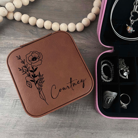 Personalized Travel Jewelry Box Engraved w/ Birth Month Flower