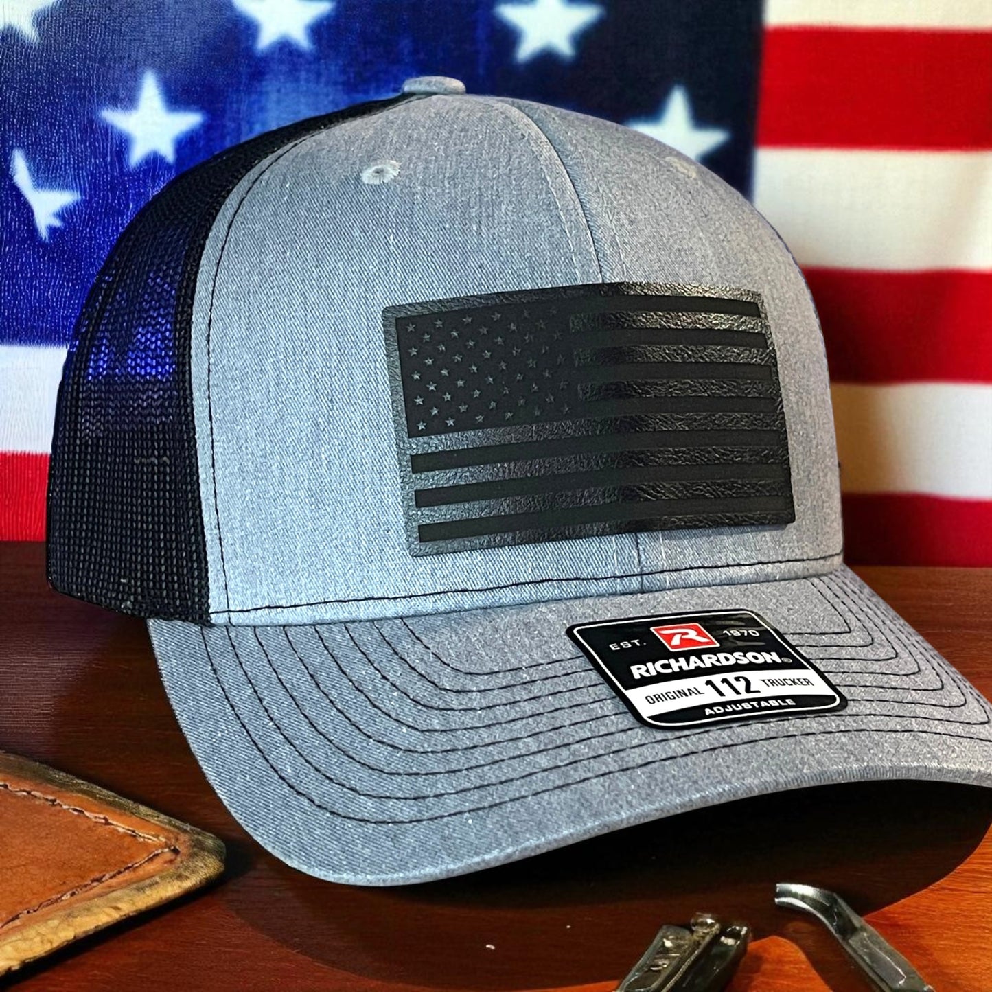BLACKED OUT AMERICAN FLAG Patriotic Leather Patch Hat