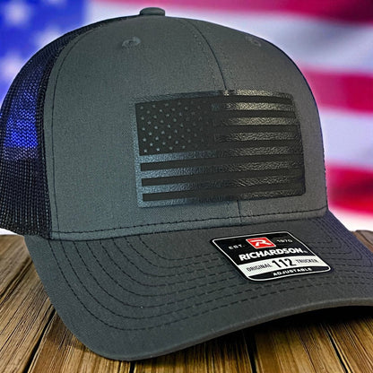 BLACKED OUT AMERICAN FLAG Patriotic Leather Patch Hat Charcoal/Black