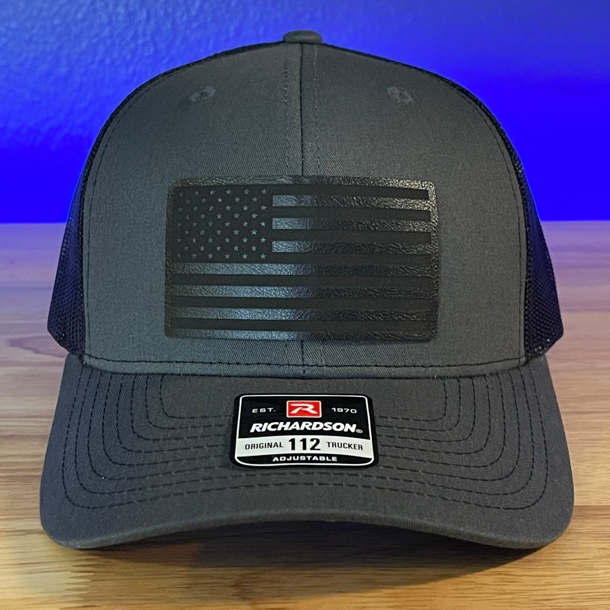 BLACKED OUT AMERICAN FLAG Patriotic Leather Patch Hat Charcoal/Black Patch Hat - VividEditions