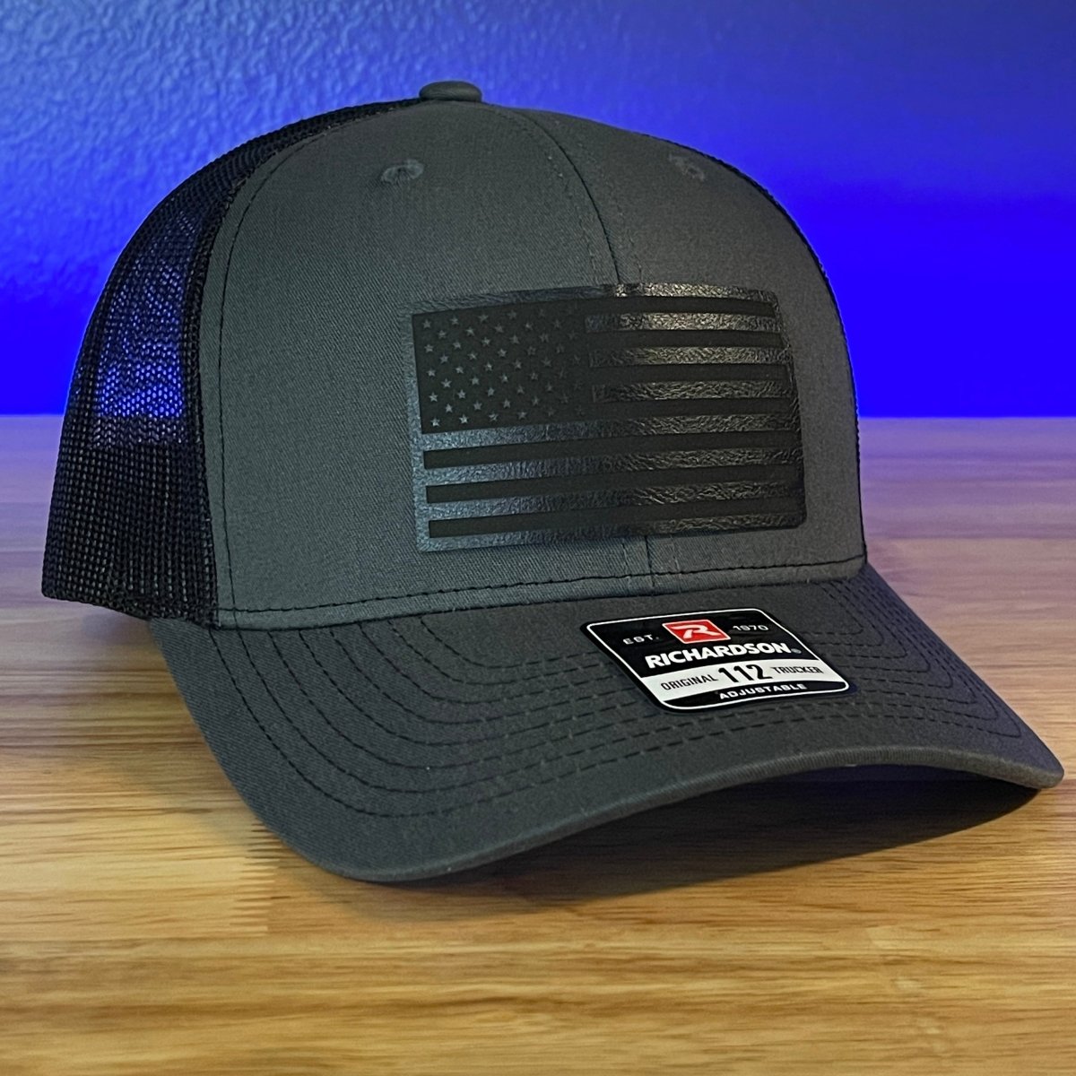 BLACKED OUT AMERICAN FLAG Patriotic Leather Patch Hat Charcoal/Black Patch Hat - VividEditions