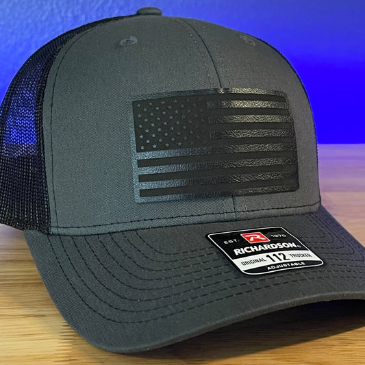BLACKED OUT AMERICAN FLAG Patriotic Leather Patch Hat Charcoal/Black Patch Hat - VividEditions