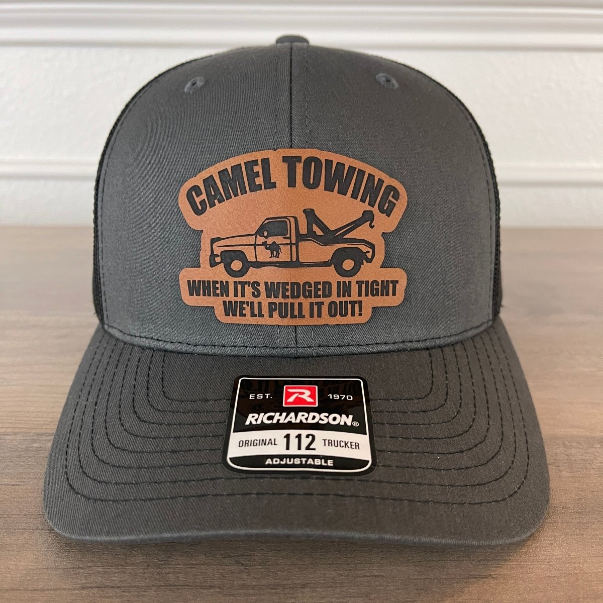 Camel Towing Funny Leather Patch Hat Charcoal Patch Hat - VividEditions