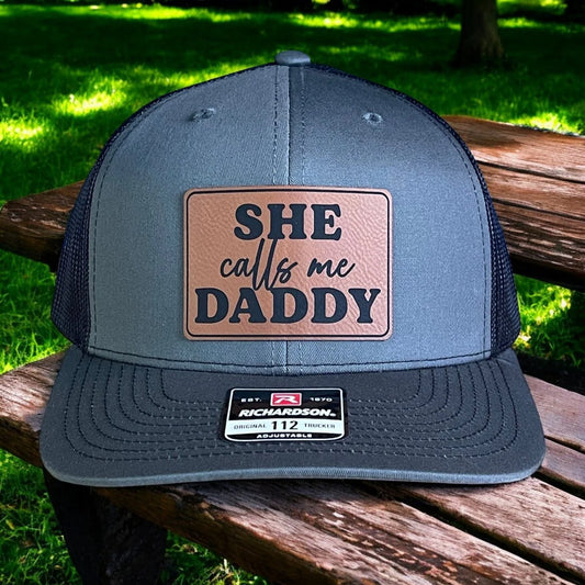 She Calls Me Daddy Funny Leather Patch Hat Charcoal/Black