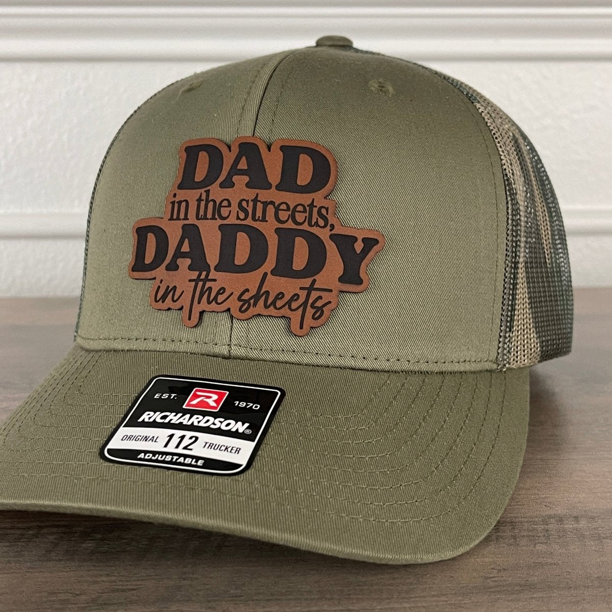 Dad In The Streets Daddy In The Sheets Camo Funny Front Leather Patch Hat Green/Camo Patch Hat - VividEditions