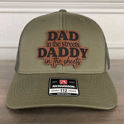 Dad In The Streets Daddy In The Sheets Camo Funny Front Leather Patch Hat Green/Camo Patch Hat - VividEditions