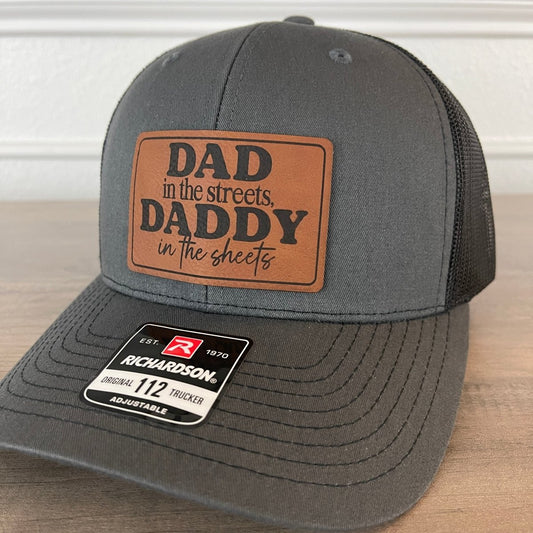 Dad in the Streets, Daddy in the Sheets Rectangular Leather Patch Hat Charcoal/Black Patch Hat - VividEditions