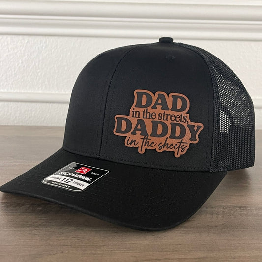 Dad In The Streets Daddy In The Sheets Side Leather Patch Hat Black - VividEditions