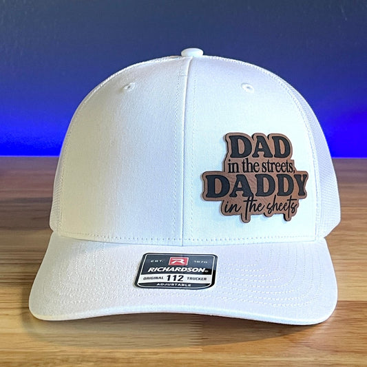 DAD IN THE STREETS DADDY IN THE SHEETS Side Leather Patch Trucker Hat White Patch Hat
